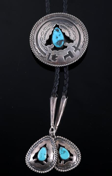 Navajo Signed Sterling Silver Turquoise Bolo Tie