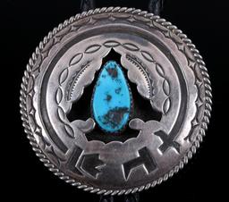 Navajo Signed Sterling Silver Turquoise Bolo Tie