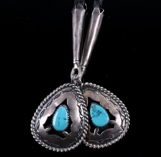 Navajo Signed Sterling Silver Turquoise Bolo Tie