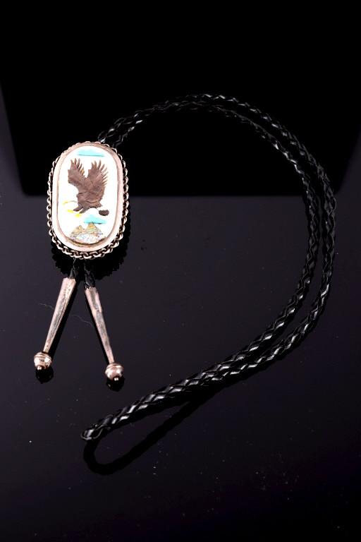 Zuni Signed Sterling Silver Inlaid Bolo Tie