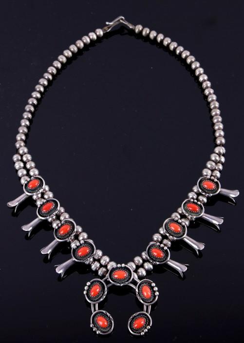 Navajo Coral Silver Squash Blossom Necklace