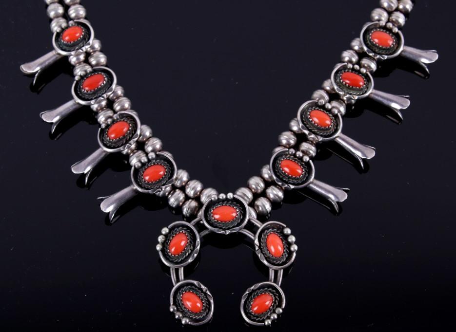 Navajo Coral Silver Squash Blossom Necklace