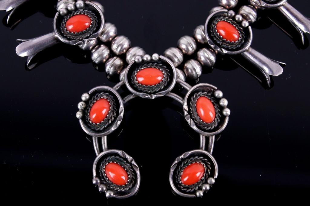 Navajo Coral Silver Squash Blossom Necklace