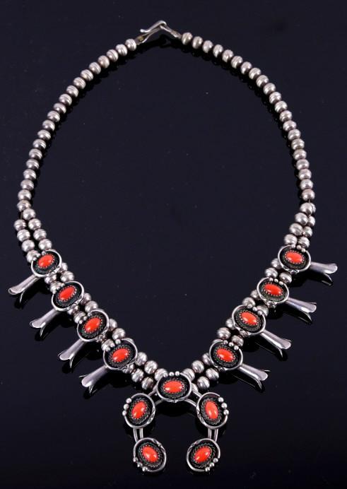 Navajo Coral Silver Squash Blossom Necklace