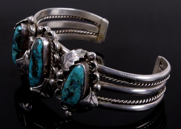 Navajo Signed Silver Floral Kingman Turquoise Cuff