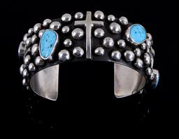 Navajo Sterling Turquoise & Cross Cuff Signed