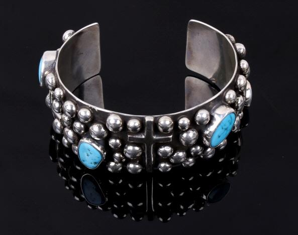 Navajo Sterling Turquoise & Cross Cuff Signed