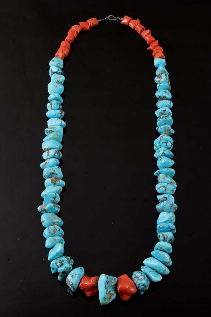 Navajo Sleeping Beauty Turquoise & Coral Necklace