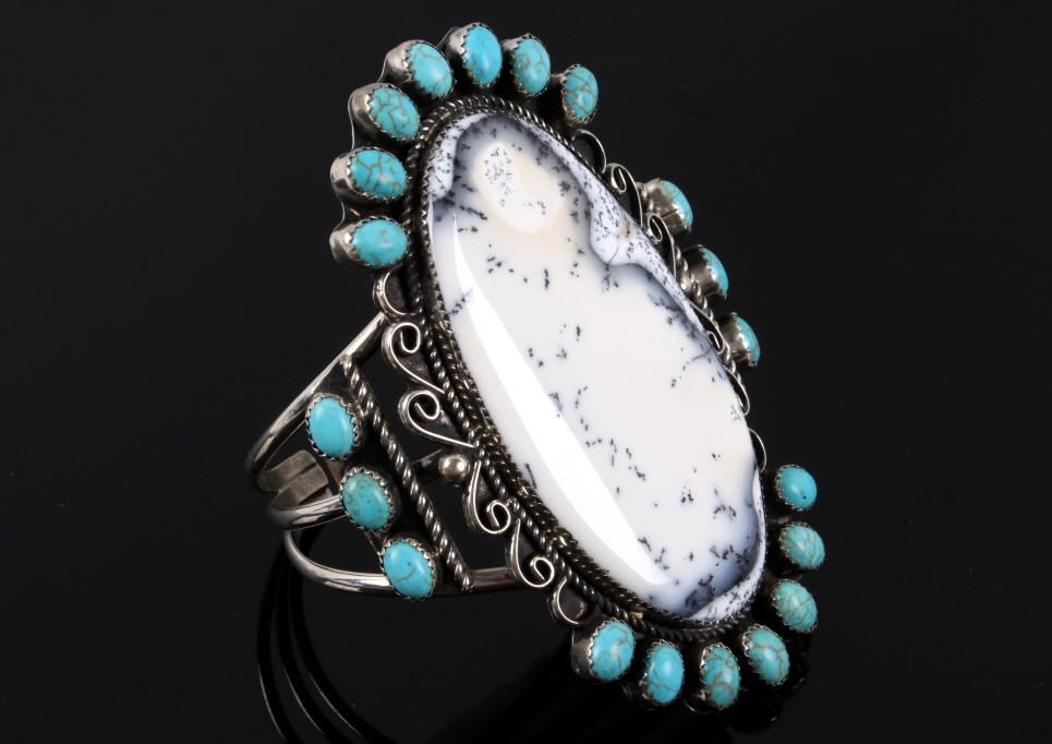 Navajo White Moss Agate & Turquoise Bracelet