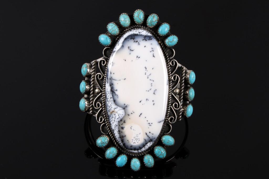 Navajo White Moss Agate & Turquoise Bracelet