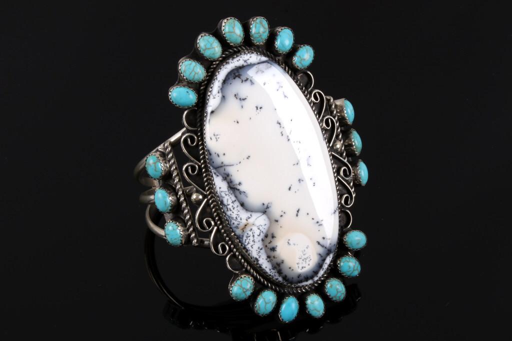 Navajo White Moss Agate & Turquoise Bracelet