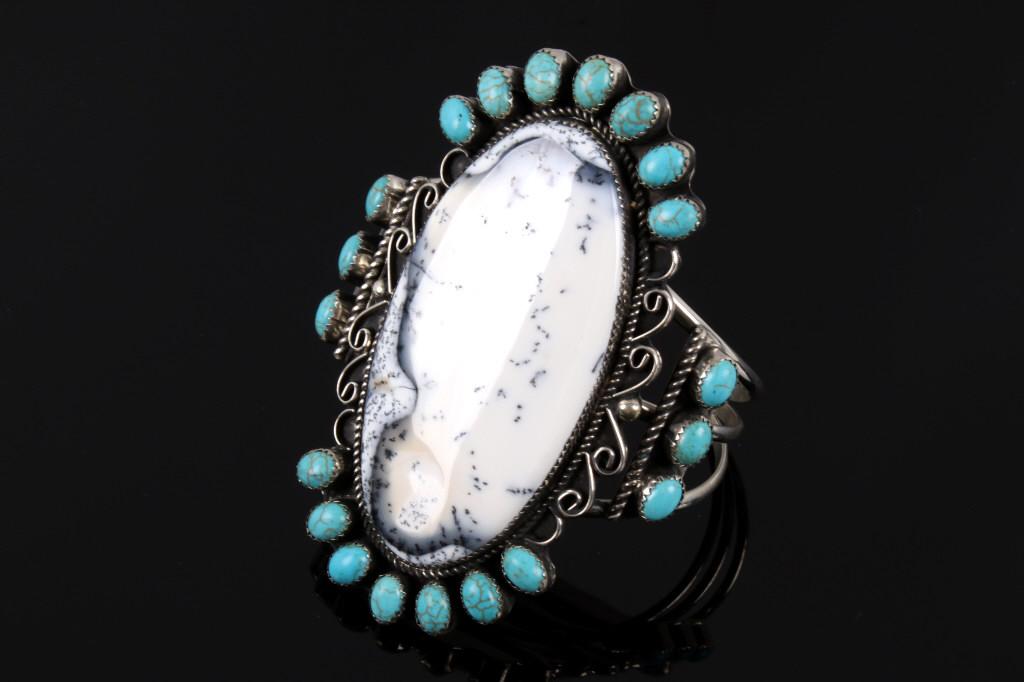 Navajo White Moss Agate & Turquoise Bracelet