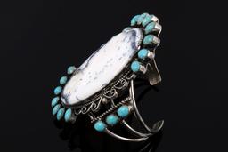 Navajo White Moss Agate & Turquoise Bracelet