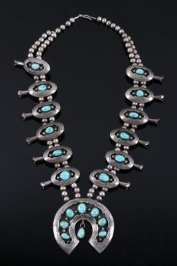 Navajo Carico Lake Silver Squash Blossom Necklace