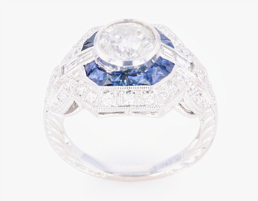 Art Deco Diamond & Blue Sapphire 18K Engraved Ring