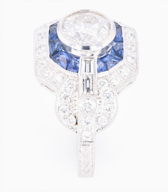 Art Deco Diamond & Blue Sapphire 18K Engraved Ring