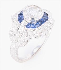 Art Deco Diamond & Blue Sapphire 18K Engraved Ring