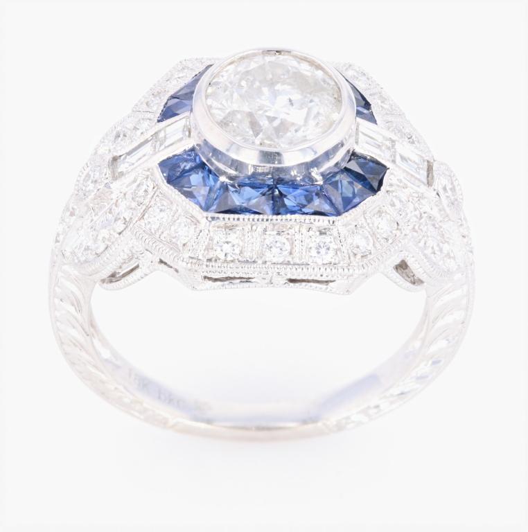Art Deco Diamond & Blue Sapphire 18K Engraved Ring