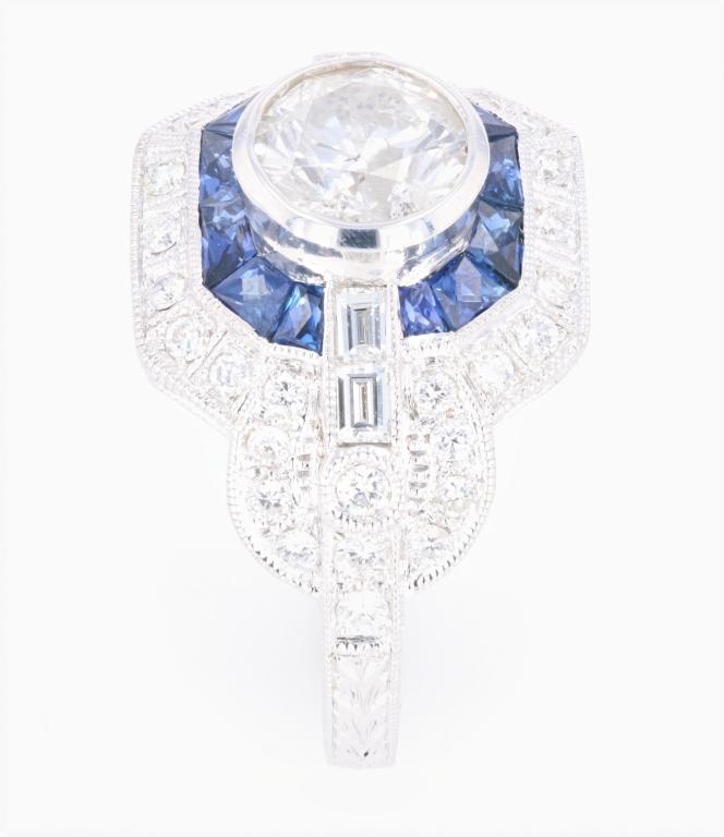 Art Deco Diamond & Blue Sapphire 18K Engraved Ring