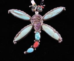 Navajo Leonard Martza Dragonfly Inlaid Necklace