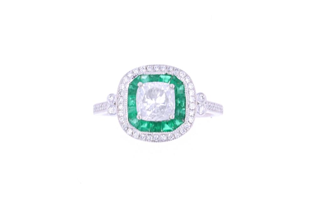 Double Halo Emerald & Diamond Platinum Ring