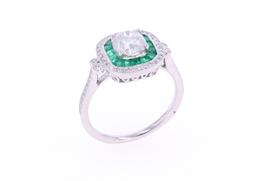 Double Halo Emerald & Diamond Platinum Ring