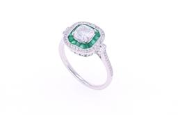 Double Halo Emerald & Diamond Platinum Ring