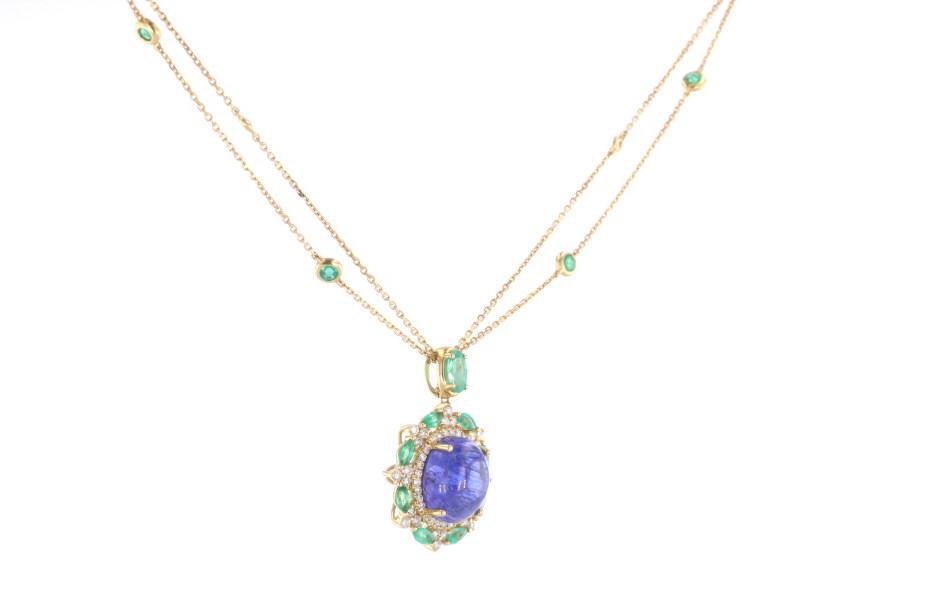 Tanzanite Emerald & Diamond 18k Gold Necklace