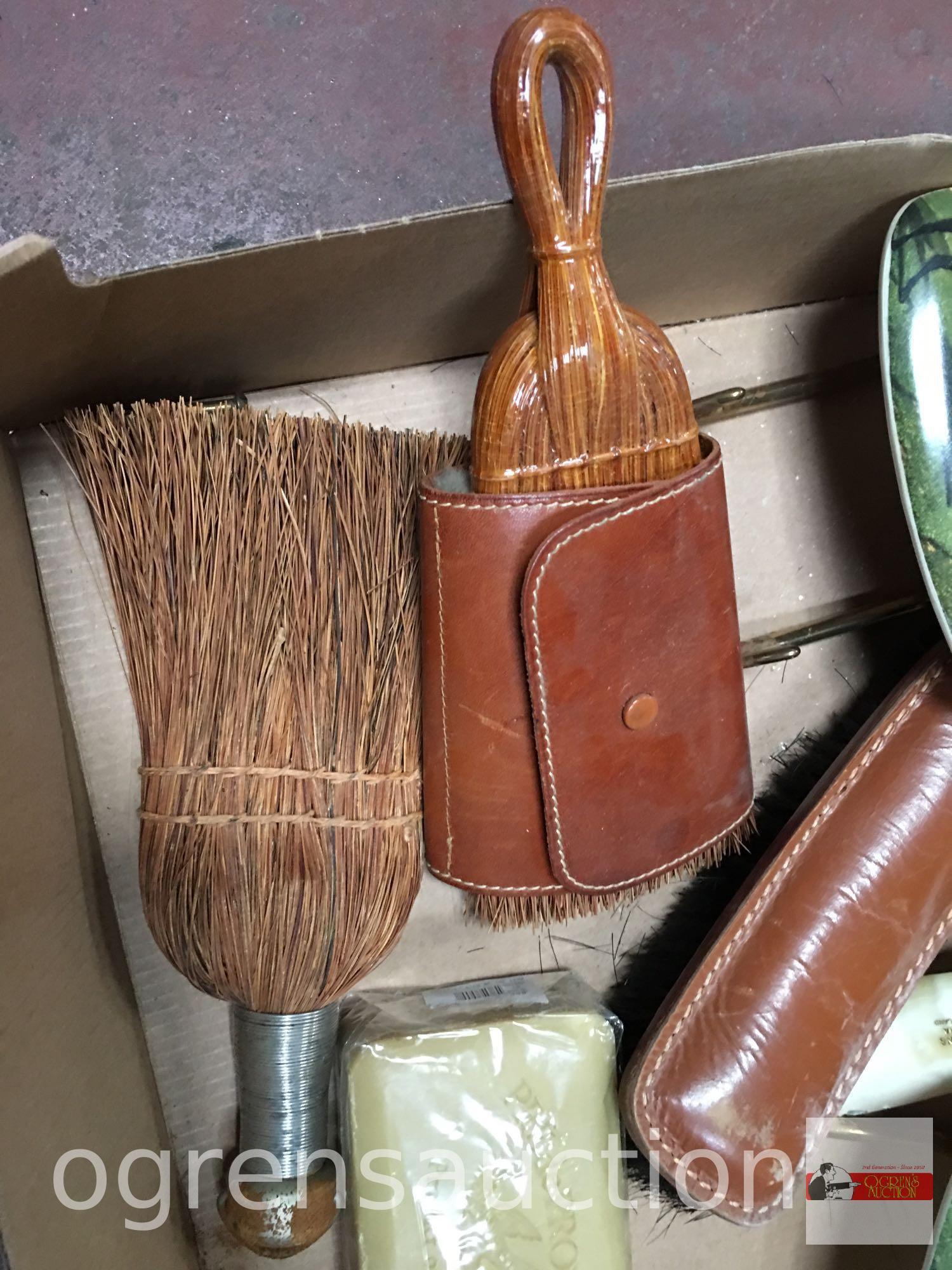 Vintage collectibles - shoe brushes, leather wrapped broom, Scotland shoe horn, soap, wall hooks