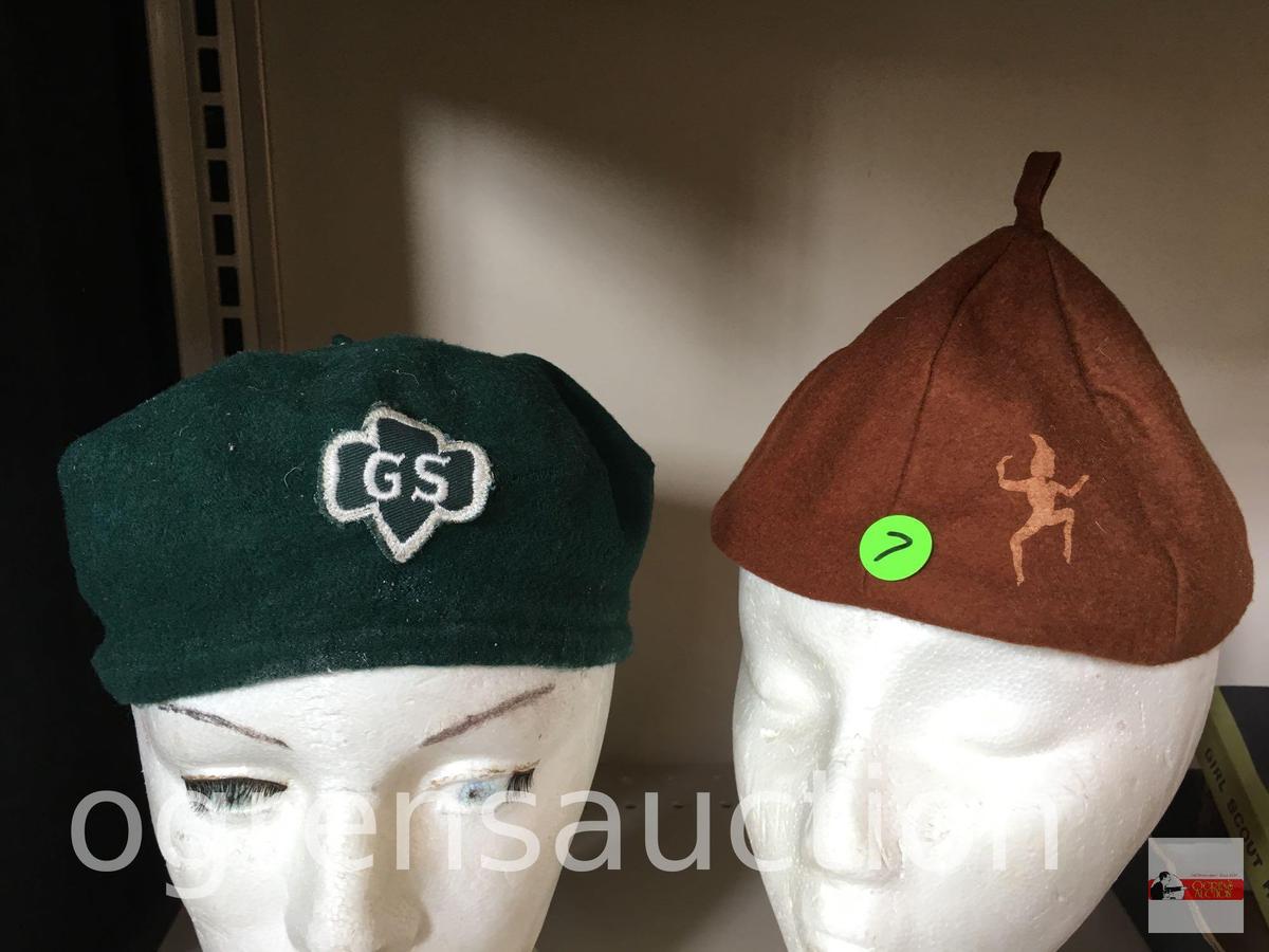 Girl Scouts - 2 Vintage official Girl Scout hats, Green Girl Scouts, Brown Brownie