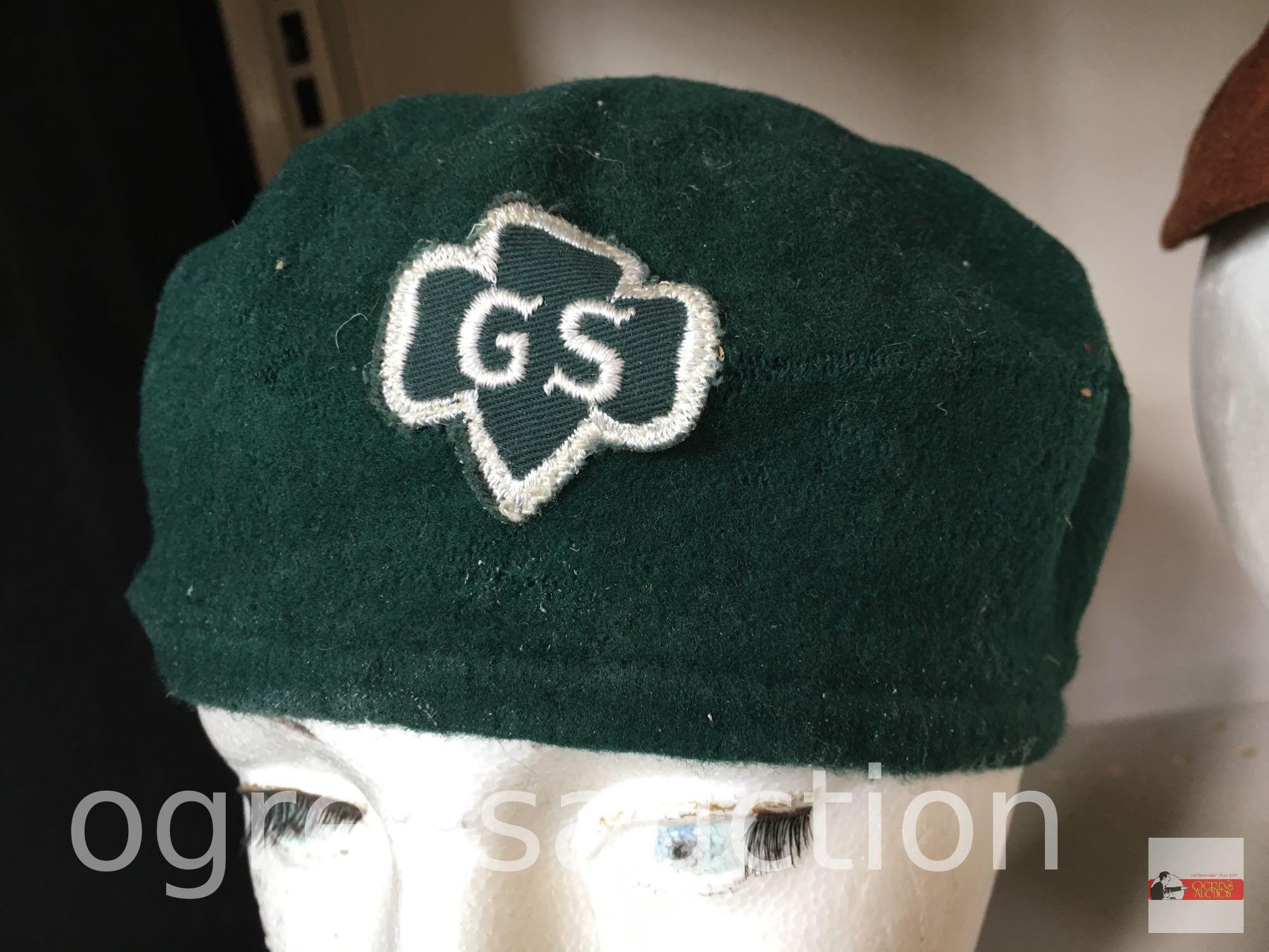 Girl Scouts - 2 Vintage official Girl Scout hats, Green Girl Scouts, Brown Brownie