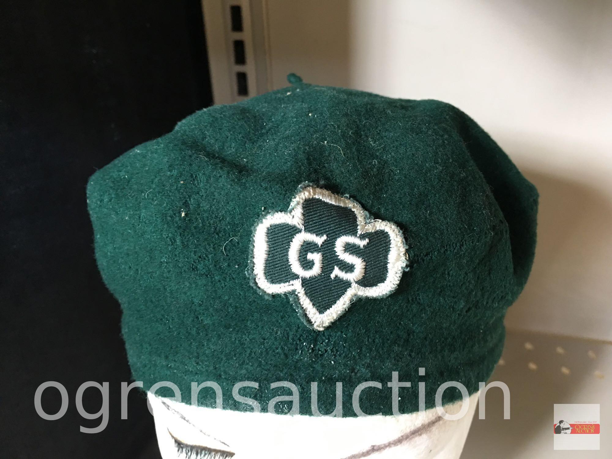 Girl Scouts - 2 Vintage official Girl Scout hats, Green Girl Scouts, Brown Brownie