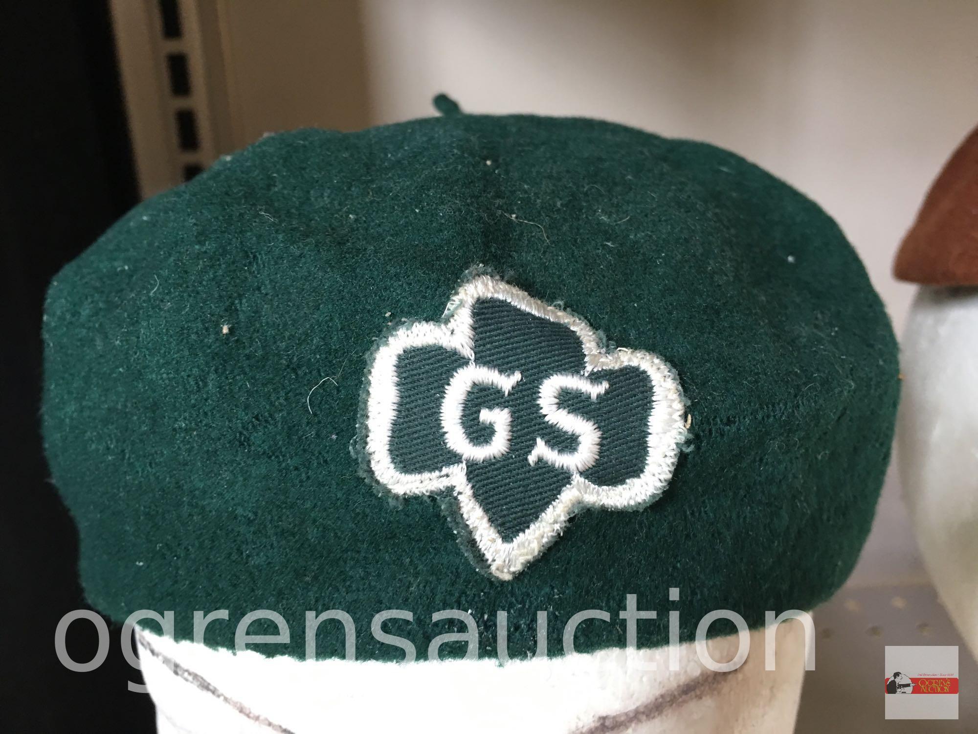 Girl Scouts - 2 Vintage official Girl Scout hats, Green Girl Scouts, Brown Brownie