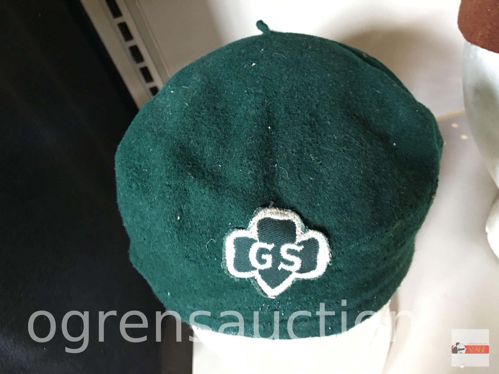 Girl Scouts - 2 Vintage official Girl Scout hats, Green Girl Scouts, Brown Brownie