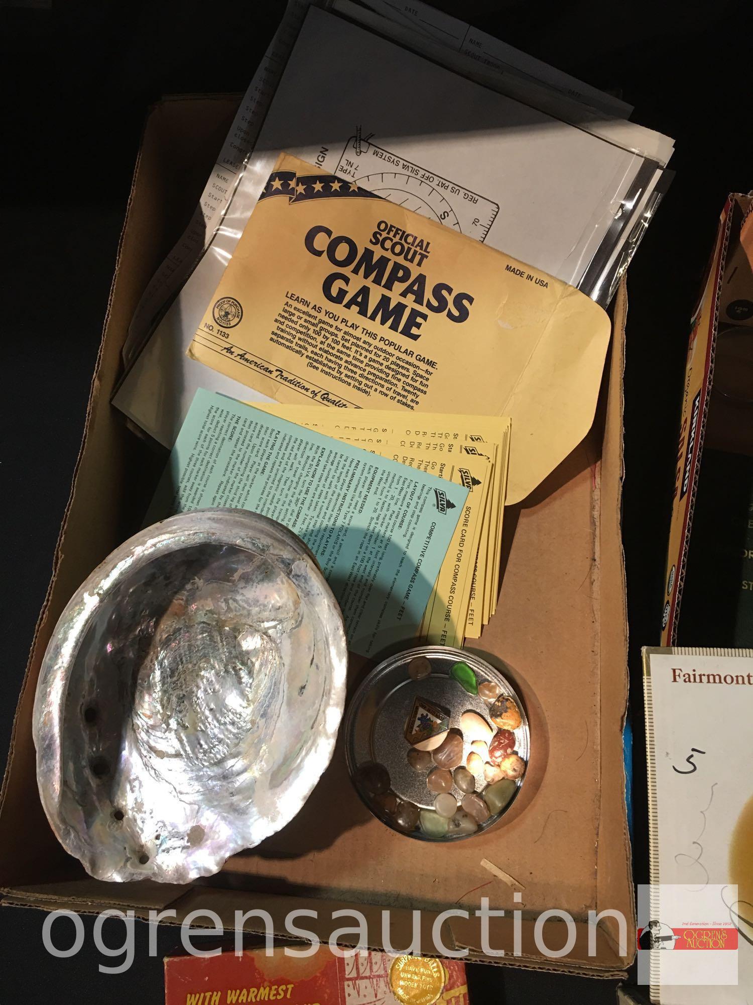 Vintage ephemera and collectibles - Compass game, cigar box, ruler, stones