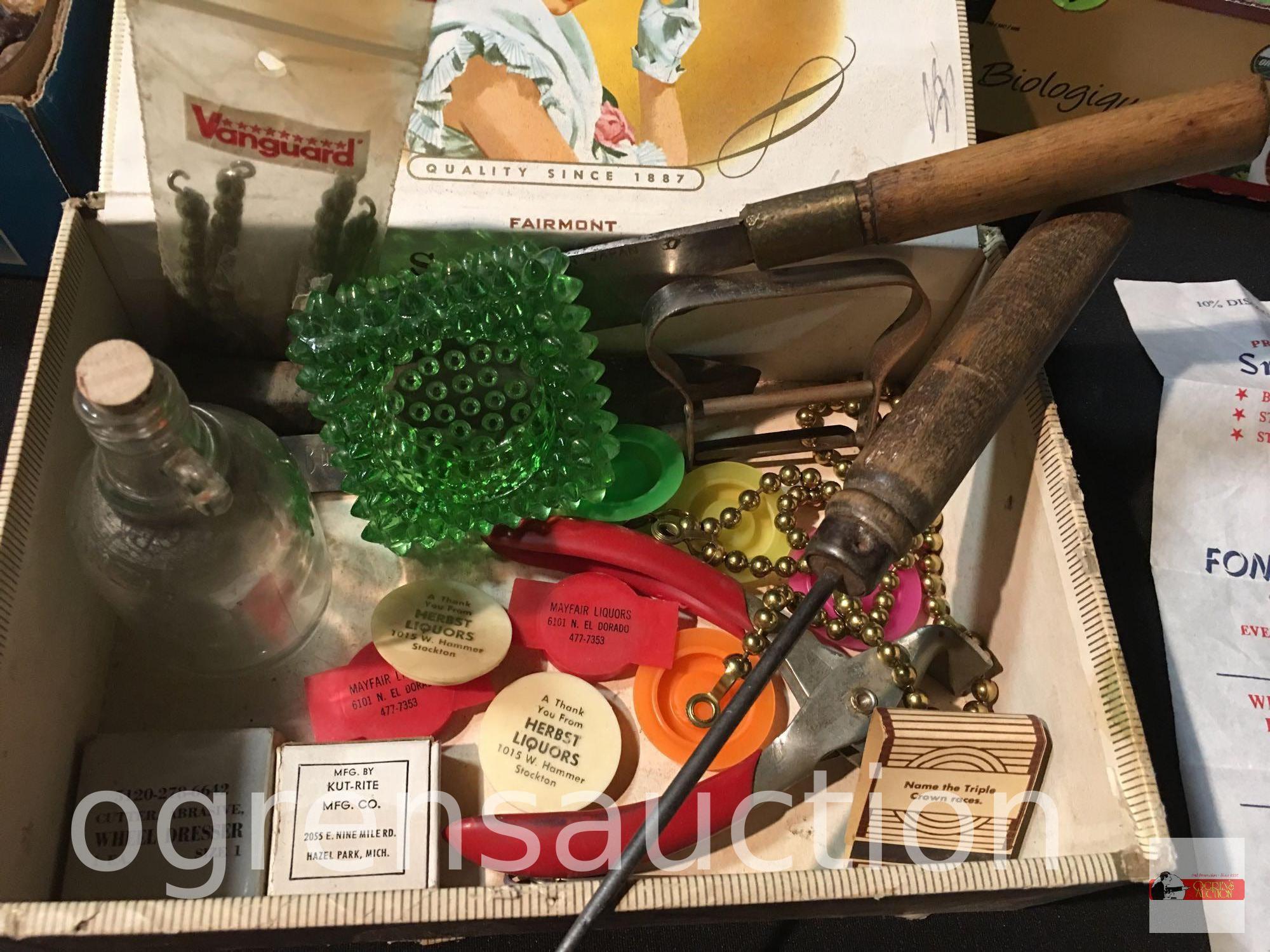 Vintage ephemera and collectibles - Compass game, cigar box, ruler, stones