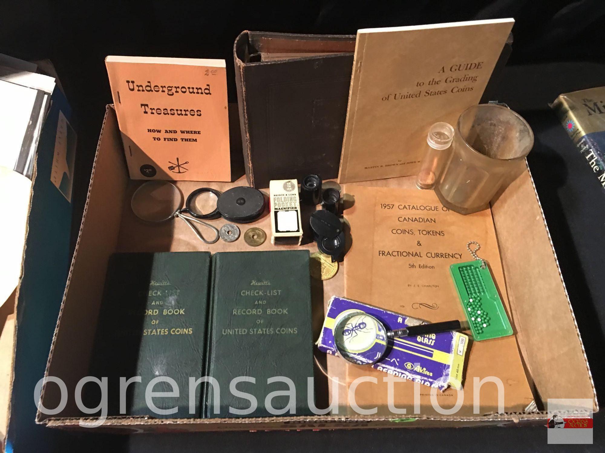 Vintage ephemera and collectibles - Compass game, cigar box, ruler, stones