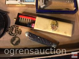 Collectibles - handcuffs, bottle, Gillette Razor, pocket knife, travel toothbrush kit etc.