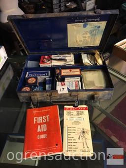 Vintage First Aid kit, metal box with contents, 13"wx8.5"d