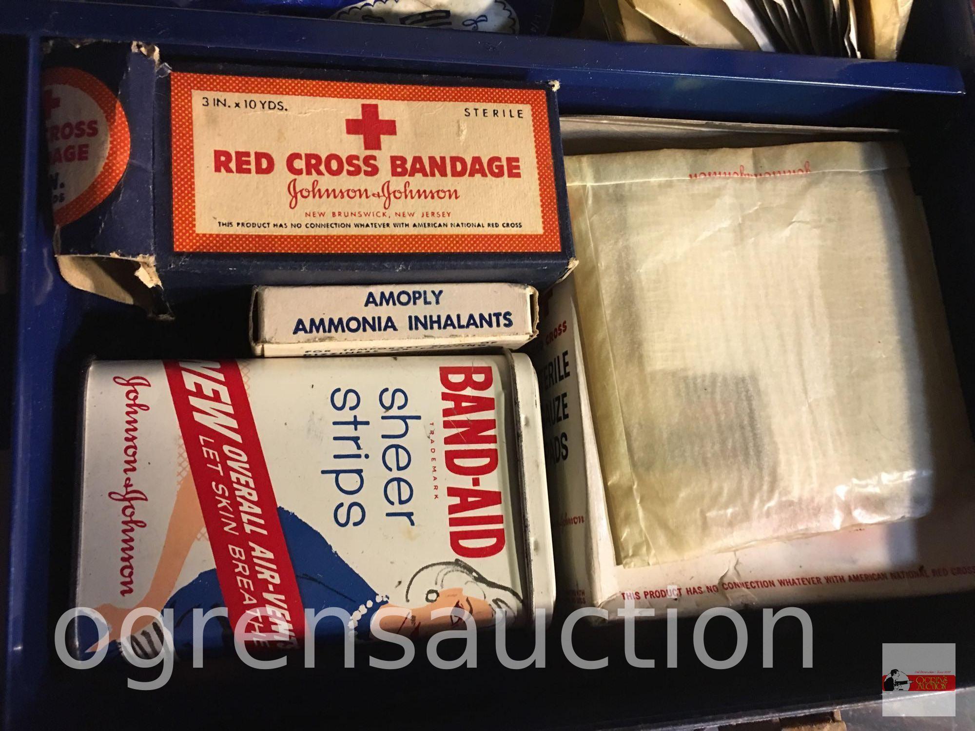 Vintage First Aid kit, metal box with contents, 13"wx8.5"d
