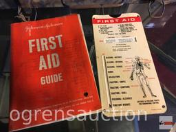 Vintage First Aid kit, metal box with contents, 13"wx8.5"d