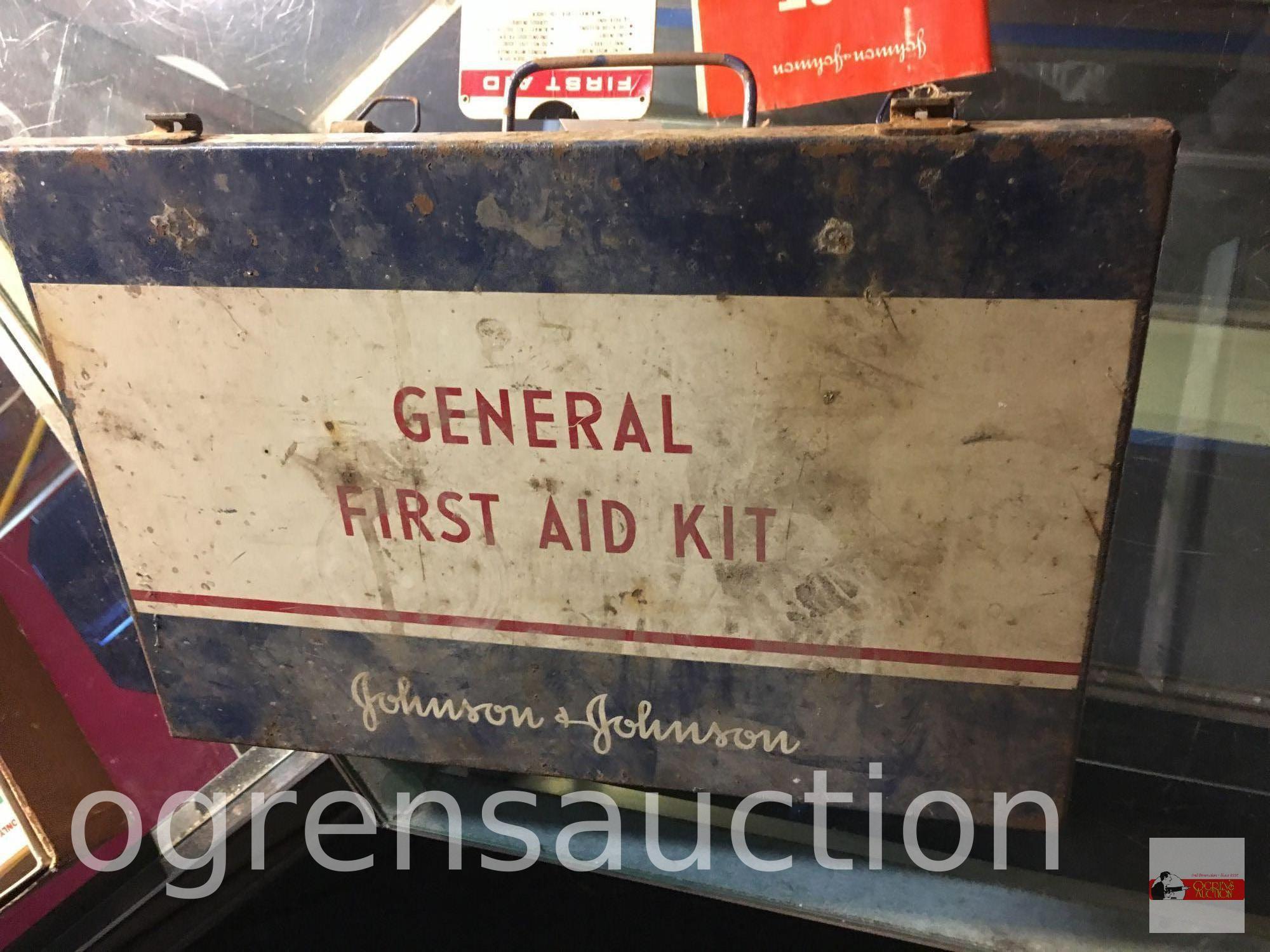 Vintage First Aid kit, metal box with contents, 13"wx8.5"d