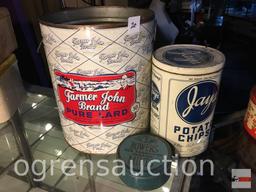 Vintage advertising containers - Lard 15.5"h, Potato Chips, 11.5"h Mints 2.5"h