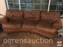 Sofa - Leather 3 section curved sofa, wood bun feet