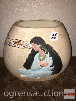 Planter pot - relief & painted by D. Williamson, American Indian motif, 12"wx5.5"dx11"h