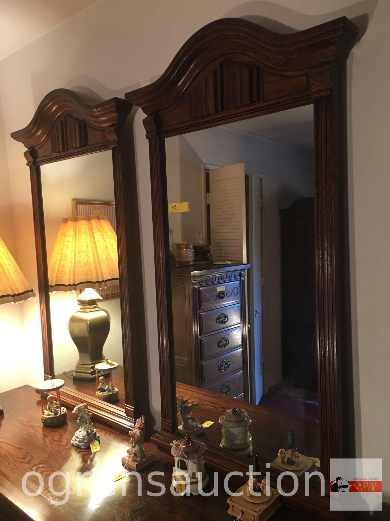 Furniture - Triple dresser, Ethan Allen, dark oak, double mirrors, 9 drawer, bun feet, 74"w