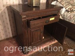 Furniture - Nightstand, Ethan Allen, dark oak, 2 drawer, 2 door, bun feet, 28"wx17"dx27"h