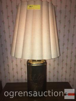 Lamp - Brass table lamp, tooled design, pleated linen cylindrical flared shade, 31"h