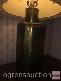 Lamp - Brass table lamp, tooled design, pleated linen cylindrical flared shade, 31"h