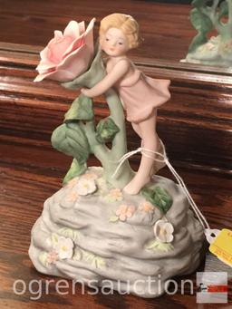 Enesco 1989 Figural music box, Girl w/ flower, a Festival of Flower Faires, 6"h